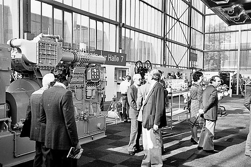 A black-and-white photograph of a trade fair from an earlier period