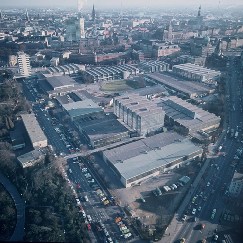  Bird's eye view of several buildings and streets.